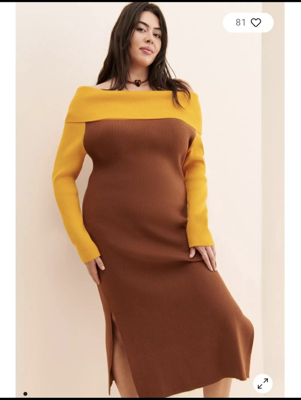 Urban Outfitters Callahan Mustard and Brown Ribbed Knit Off-Shoulder Dress